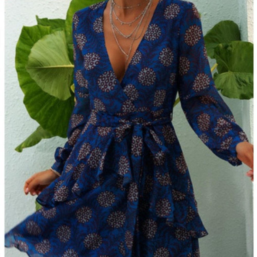 JJsHouse  Print A-line V-Neck Long Sleeves Midi, S